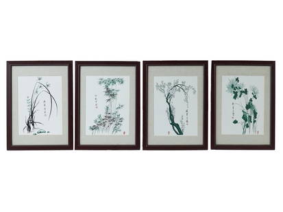 LOT OF 4 CHINESE BOTANICAL PAINTINGS ON PORCELAIN: A lot of 4 Chinese paintings on porcelain. Each painting features a different botanical subject. The paintings are executed with delicate brushstrokes and signed in Chinese hieroglyphs. Each matted an