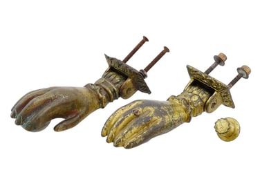 PAIR OF ANTIQUE 19TH C BRONZE HAND DOOR KNOCKERS