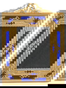 VINTAGE FRENCH GILT BRONZE ORMOLU ENAMEL PICTURE FRAME: A large vintage French picture easel frame crafted in gilt bronze ormolu with vibrant blue guilloche enamel. The frame is richly decorated with classical motifs including a ribbon crest, laurel wreath