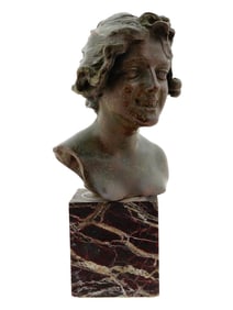 SMILING WOMAN BRONZE BUST ON MARBLE STAND MARKED