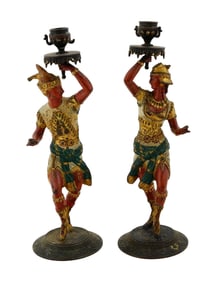 PAIR OF HAND PAINTED SPELTER EGYPTIAN CANDLESTICKS
