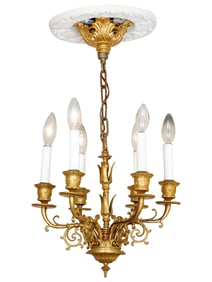 ANTIQUE FRENCH LOUIS XV GILT BRONZE 6 ARM CHANDELIER