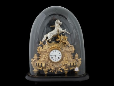ANTIQUE FRENCH BRONZE CONSOLE CLOCK WITH GLASS DOME