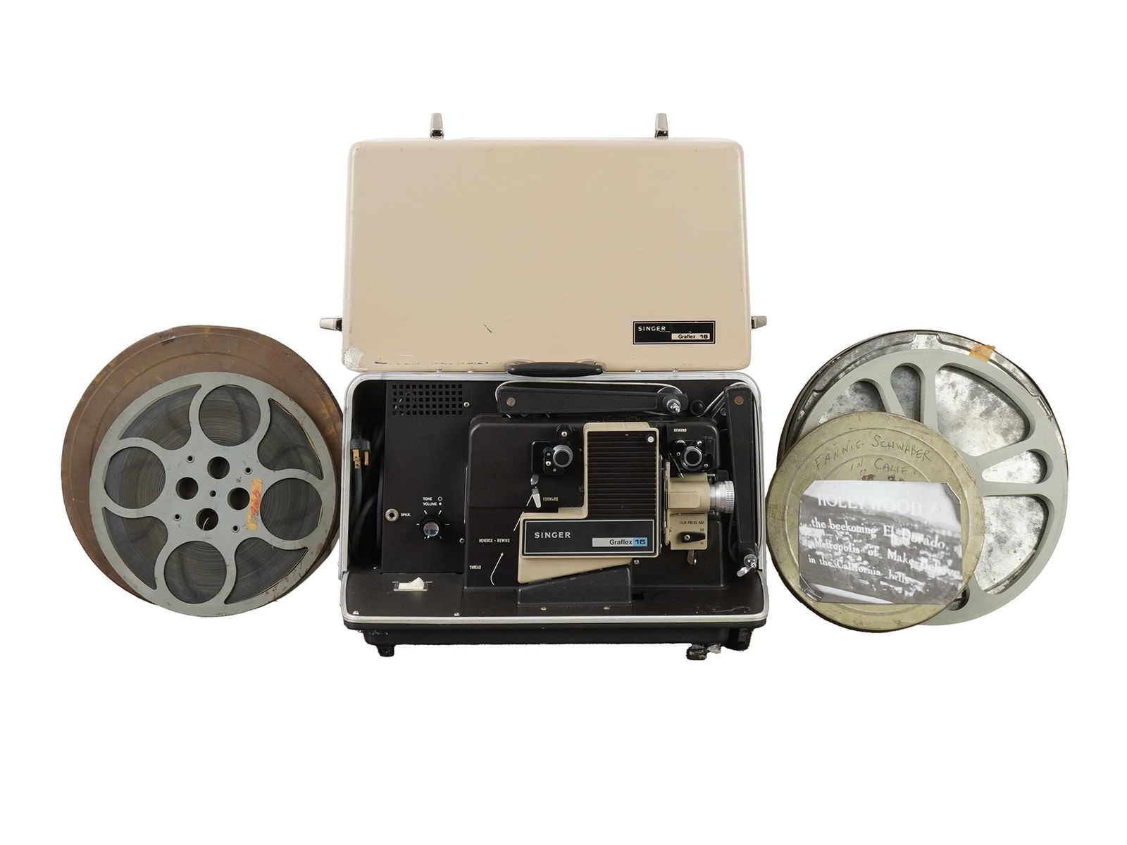 VINTAGE SINGER GRAFLEX 16MM FILM PROJECTOR AND BONUS FILM: Graflex, later acquired by Singer, was a prominent American manufacturer known for producing high-quality and durable audiovisual equipment, including their respected line of 16mm projectors. These pr