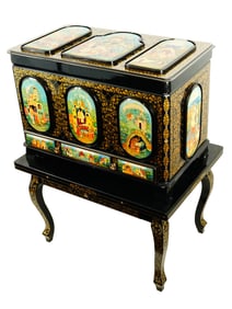 VINTAGE RUSSIAN MSTERA LACQUER CABINET ON STAND PUSHKIN