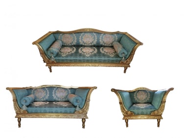 TWO ANTIQUE VICTORIAN GILTWOOD SOFAS WITH A CHAIR
