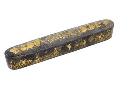 ANTIQUE PERSIAN STEEL QALAMDAN PEN BOX W GOLD INLAY: An antique Persian steel qalamdan, or pen box with gold inlay. Qajar period, 19th century. Traditional oblong narrow deep box with rounded ends. The item is decorated with gold inlay, including inscri