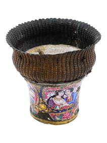 ANTIQUE 19TH C PERSIAN QAJAR BRASS ENAMEL HOOKAH CUP