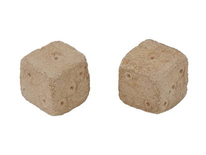 PAIR OF ANCIENT ROMAN STONE DICE 100 TO 300 AD: A pair of ancient Roman carved stone dice. Circa 100 to 300 AD. Crafted with precision and care, these artifacts offer a tangible connection to the everyday life and leisure activities of the past. Ca