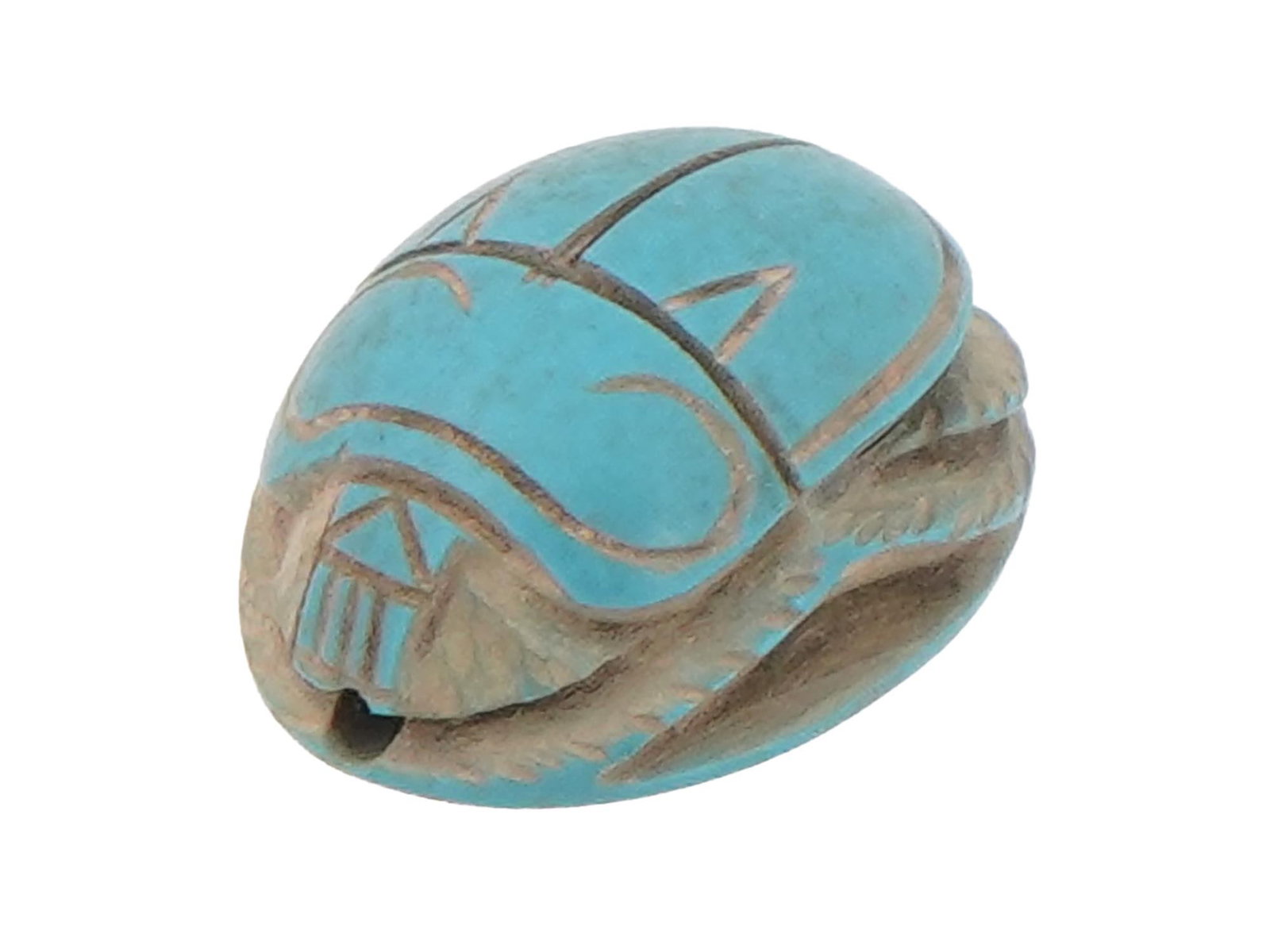 ANCIENT EGYPTIAN CARVED TURQUOISE STONE SCARAB BEAD: An ancient Egyptian hand carved of Turquoise stone scarab bead, holding immense historical and religious significance. Middle Kingdom, 2040 to 1786 BC. Scarabs were symbolic in ancient Egyptian funera