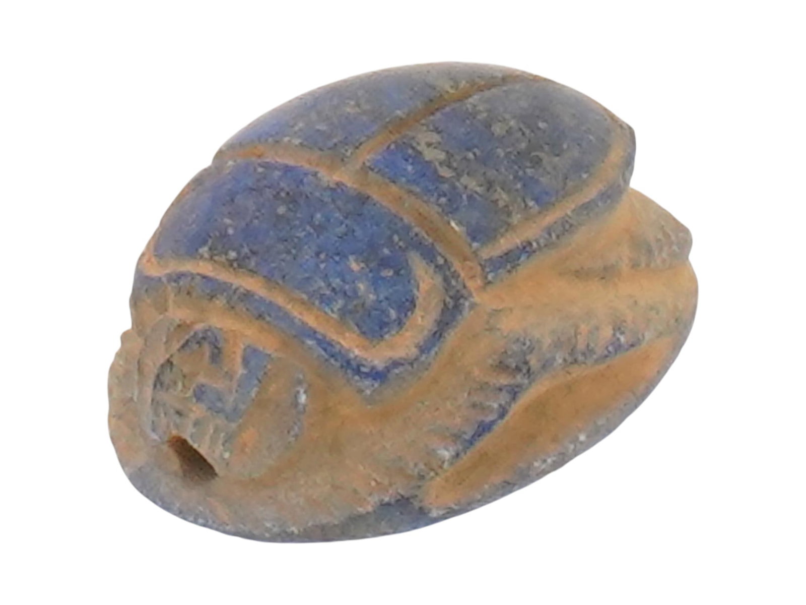 ANCIENT EGYPTIAN CARVED LAPIS LAZULI STONE SCARAB BEAD: An ancient Egyptian hand carved of Lapis Lazuli stone scarab bead, holding immense historical and religious significance. Middle Kingdom, 2040 to 1786 BC. Scarabs were symbolic in ancient Egyptian fun