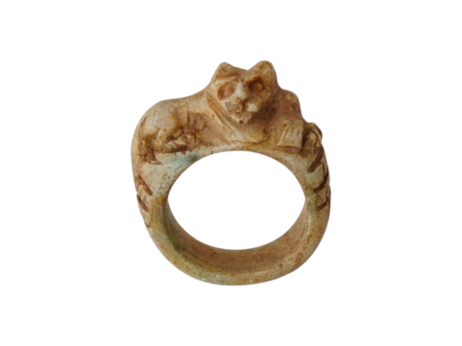 ANCIENT EGYPTIAN CARVED LIMESTONE CAT BASTET RING: An ancient Egyptian carved limestone ring featuring a depiction of Bastet, the revered feline goddess of protection, home, and fertility. Crafted with timeless Pharaonic style, this artifact captures 