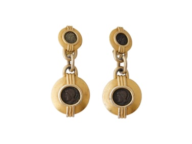 ANCIENT ROMAN COIN EARRINGS W GOLD PLATED SETTING