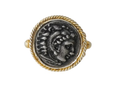ANCIENT GREEK SILVER DRACHM COIN VERMEIL RING