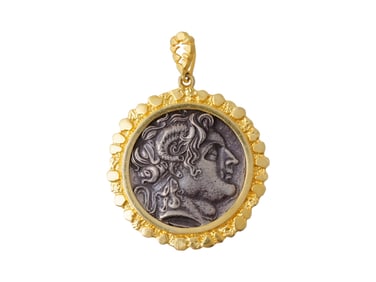 ANCIENT GREEK SILVER LYSIMACHUS COIN 22K GOLD PENDANT