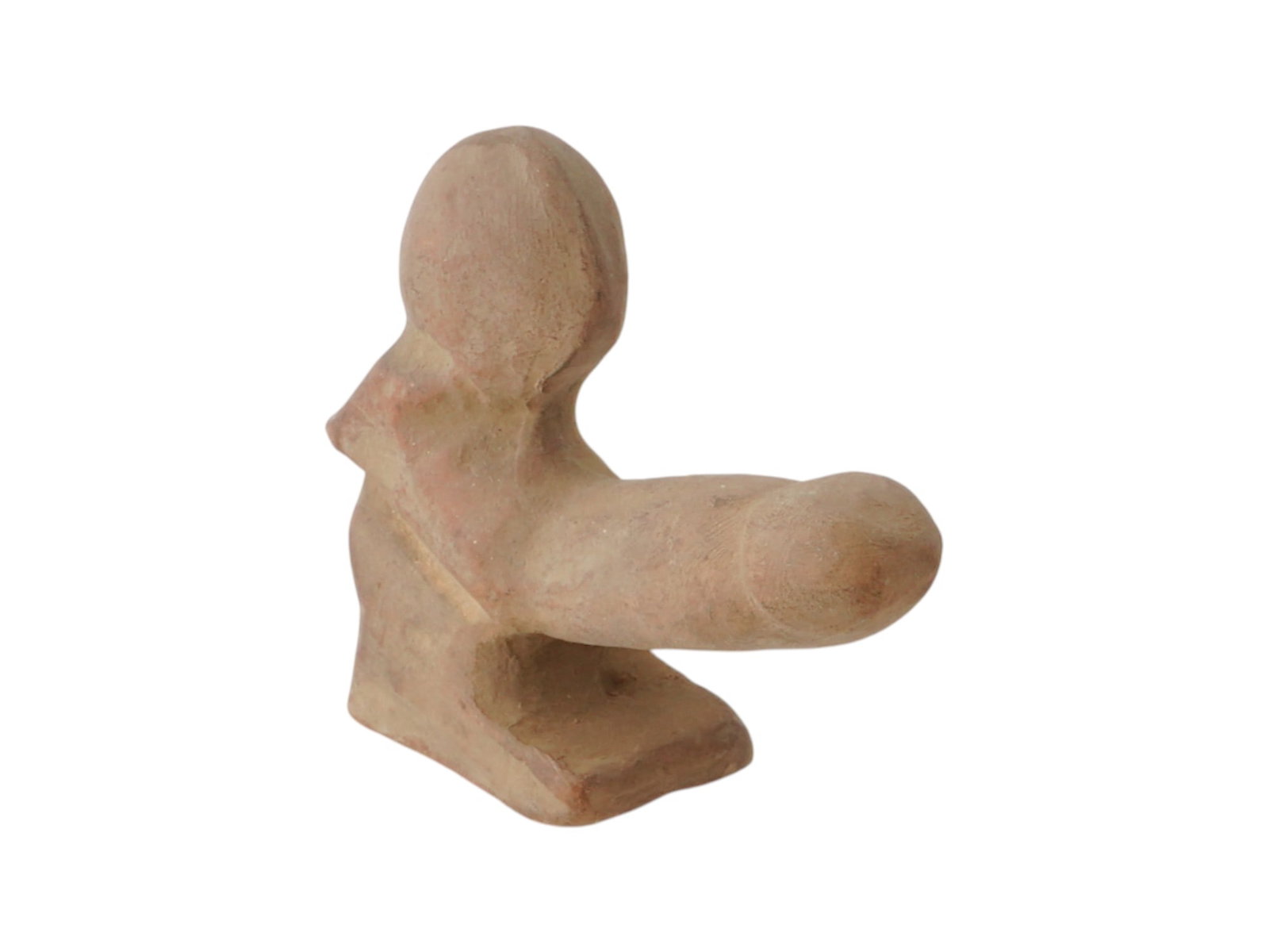 ANCIENT ROMAN TERRACOTTA FIGURINE OF ERECT PHALLUS: An ancient Roman terracotta figurine depicting a stylized figure of an exaggerated, erect phallus, standing on a rectangular base. The figure retains traces of red pigment and exhibits a light earthen