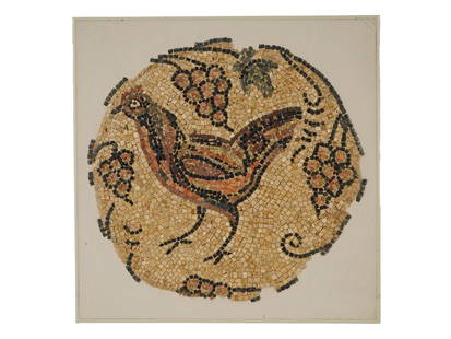 ANCIENT ROMAN ROUND MOSAIC CHICKEN AND AND GRAPES: An ancient Roman round mosaic depicting a chicken and a cluster of grapes, rendered in detailed tesserae typical of Roman decorative art. The piece showcases the naturalistic style and symbolic motifs