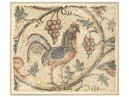 ANCIENT ROMAN MOSAIC PANEL OF A ROOSTER IN A FIELD: An ancient Roman mosaic panel, dating from 100 to 300 AD and featuring an image of a rooster in a field, symbolizing vigilance, strength, and the daily cycle of life in Roman culture. Antique Roman Mo