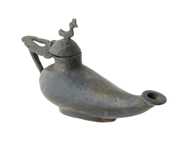 ANCIENT PERSIAN BRONZE OIL LAMP WITH HINGED BIRD LID