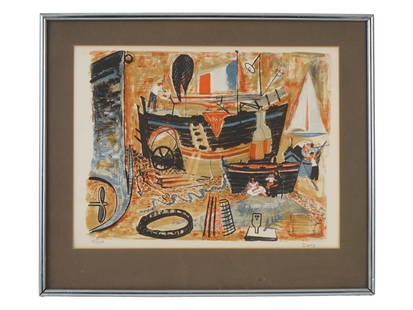 FRENCH LITHOGRAPH BATEAUX DANY LARTIGUE SIGNED: Dany Lartigue, French, 1921 to 2017, a lithograph Bateaux, numbered 56 of 220 lower left and signed lower right. Framed. Known for his vivid and lively compositions, Lartigue captures the charm of mar
