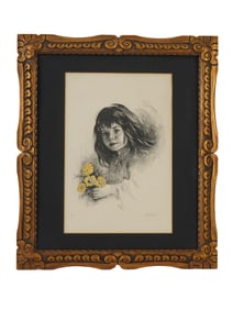 MID CENTURY LITHOGRAPH SIGNED FABRI GIRL WITH FLOWERS