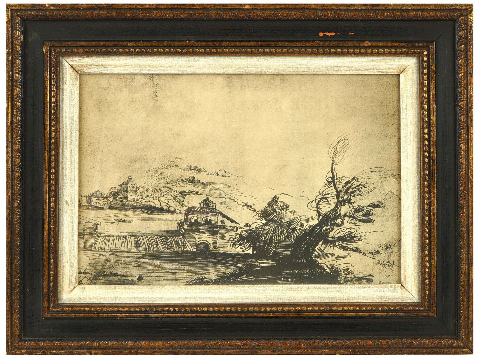 VINTAGE PRINT AFTER ITALIAN ARTWORK BY GUERCINO: A vintage print on paper after original artwork titled Rovina by Guercino. The artwork depicts a dynamic landscape scene with a dry tree on the right and small village buildings in the distance. Matte