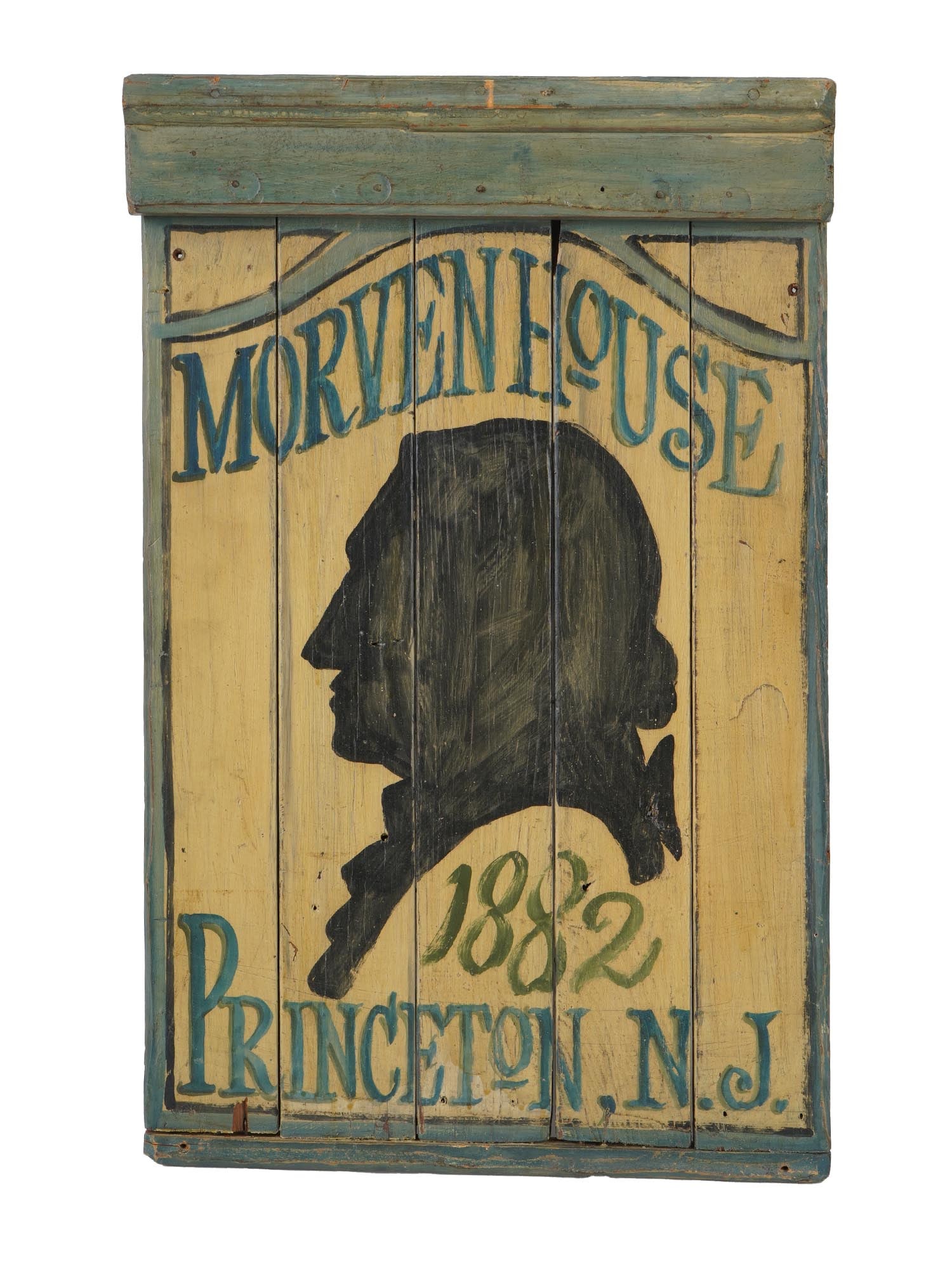 ANTIQUE AMERICAN MORVEN HOUSE ADVERTISING BOARD 1882: An antique American painted wooden advertising board dated 1882, inscribed Morven House, Princetown, N.J. and featuring a black profile portrait of a man. Dating to the late 19th century. Antique Adve
