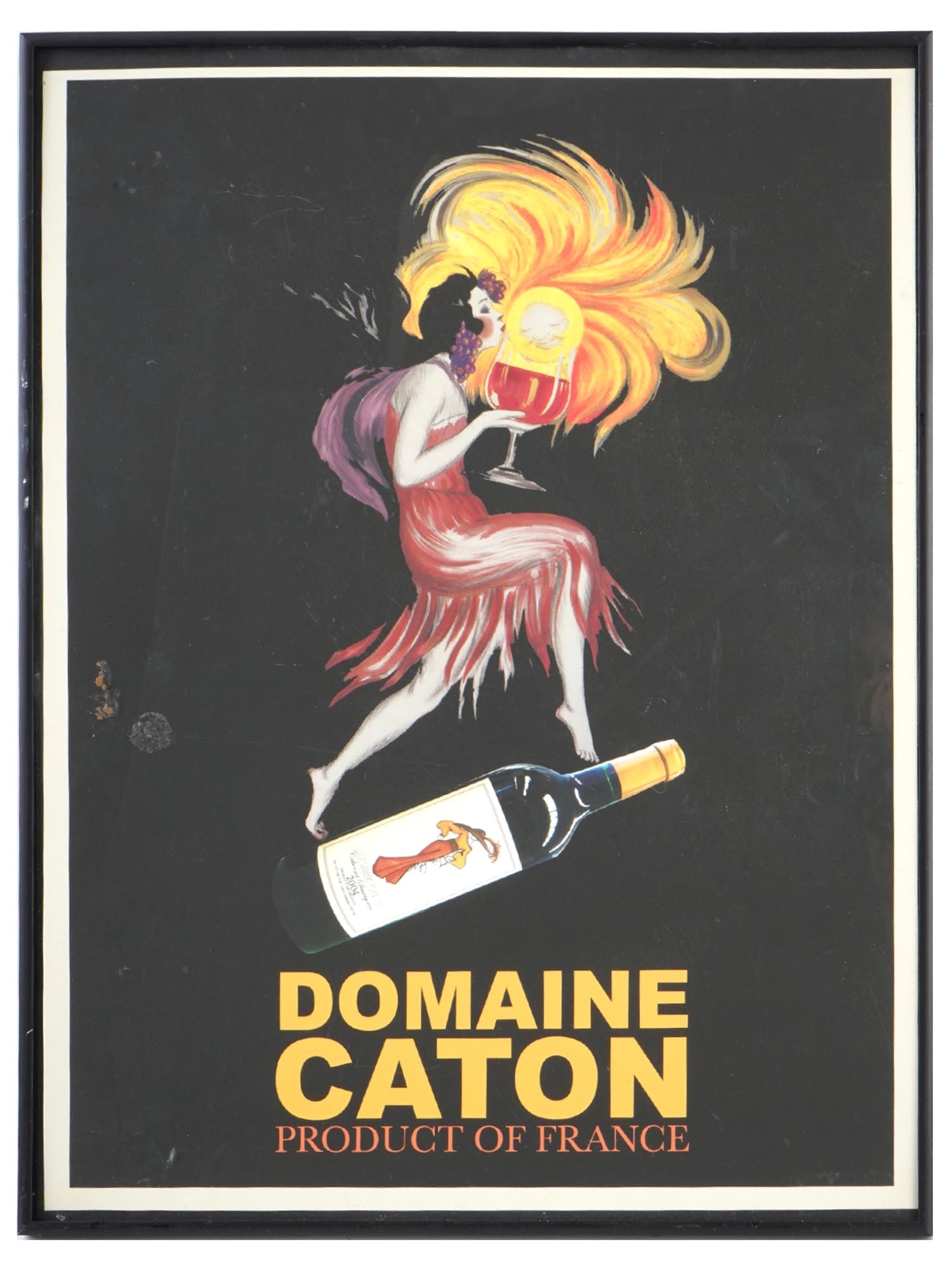 FRENCH WINE AD POSTER AFTER LEONETTO CAPPIELLO: Color lithograph poster. Domain Caton French wine advertisement. After the 1927 Cognat Monnet ad by Leonetto Cappiello, 1875 to 1942, an Italian-French caricaturist and painter known for his bold and 