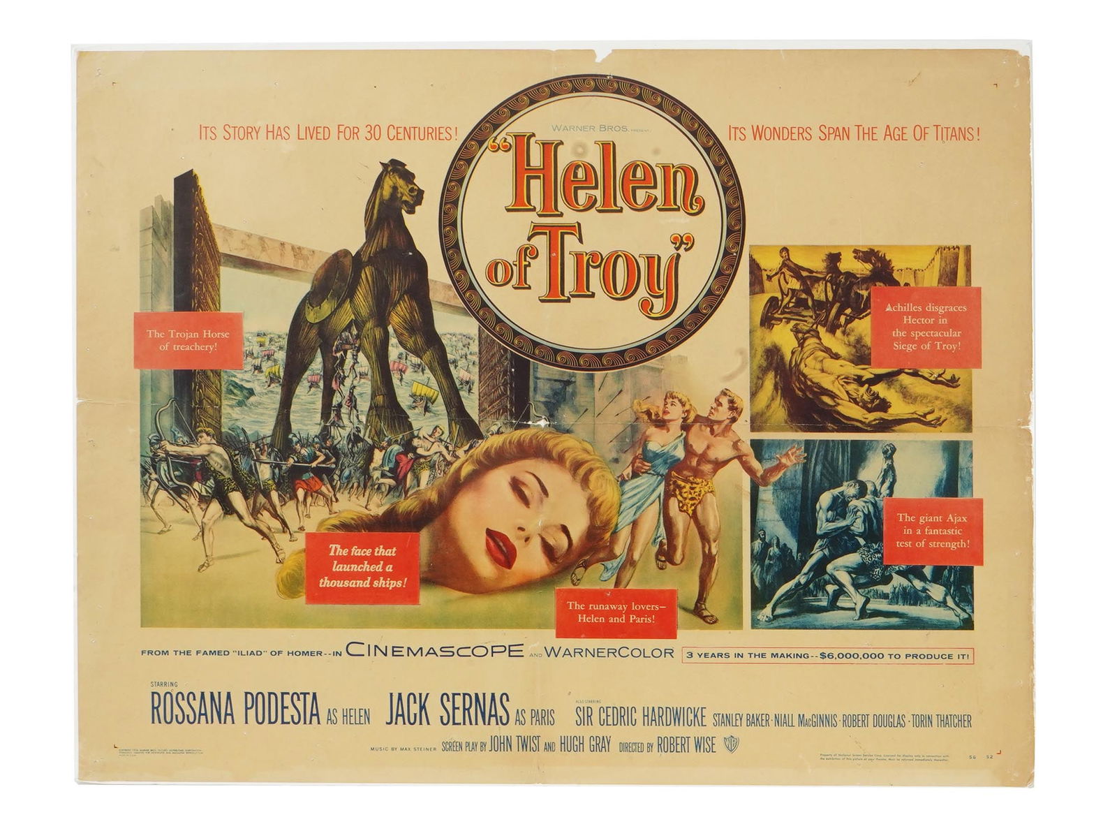 HELEN OF TROY ILLUSTRATION MOVIE POSTER BY REHBERGER: Gustav Rehberger, American, 1910 to 1995, illustration, lithographic movie poster, Helen of Troy, 1956, by Warner Brothers. Helen of Troy is a 1956 Warner Bros. WarnerColor epic film in CinemaScope, b