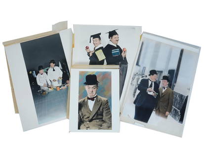 VINTAGE COLOR PHOTOGRAPHS OF LAUREL AND HARDY: A lot of four hand-colored photographs, stills from Laurel and Hardy movies. Ca. 1930s to 1940s. Each photo is protected with tracing paper. Stan Laurel, 1890 to 1965, and Oliver Hardy, 1892 to 1957,