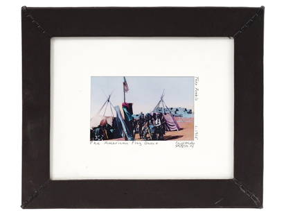 1905 THE AMERICAN FLAG DANCE PHOTO BY CLIFF MILLS: Cliff Mills, American, 1950 to 2019, a hand tinted photography titiled The American Flag Dance made from a black and white negative of his greatgrandfather B.G. Randall taken in Taos Pueblo, circa 190