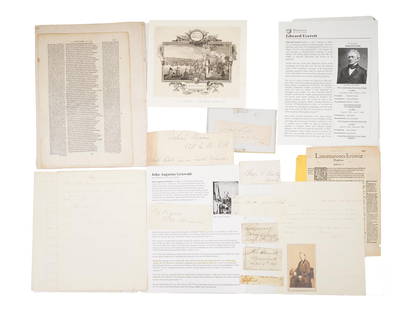 LOT OF ANTIQUE AMERICAN AND EUROPEAN DOCUMENTS: A lot of antique American and European documents, including encompassing items like a classical Latin text, a page from Lamentationes Ieremiæ, some other book pages, handwritten correspondence, biogr