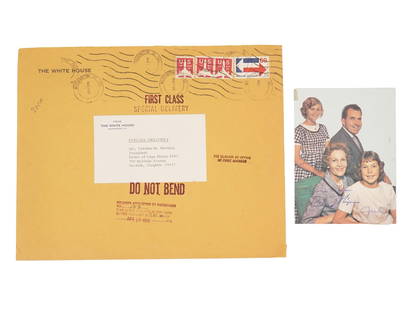 LOT OF RICHARD NIXON RELATED DOCUMENTS SIGNED: A lot of Richard Nixon related documents, consisting of an envelope from The White House with a Special Delivery marking and postmarks, and a photograph of Richard Nixon with his family, autographed b