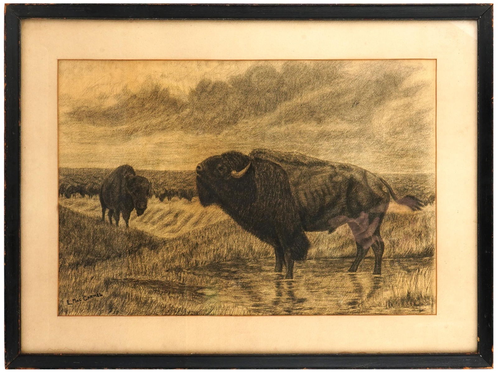 MODERN BISONS CHARCOAL PAINTING SIGNED BY THE ARTIST: A Modern charcoal painting on paper depicting a landscape scene with bisons. Signed by the artist, E. Mac Carmel, lower left. Framed. Modern and Contemporary Fine Art, Animal Paintings, Wall Art, and