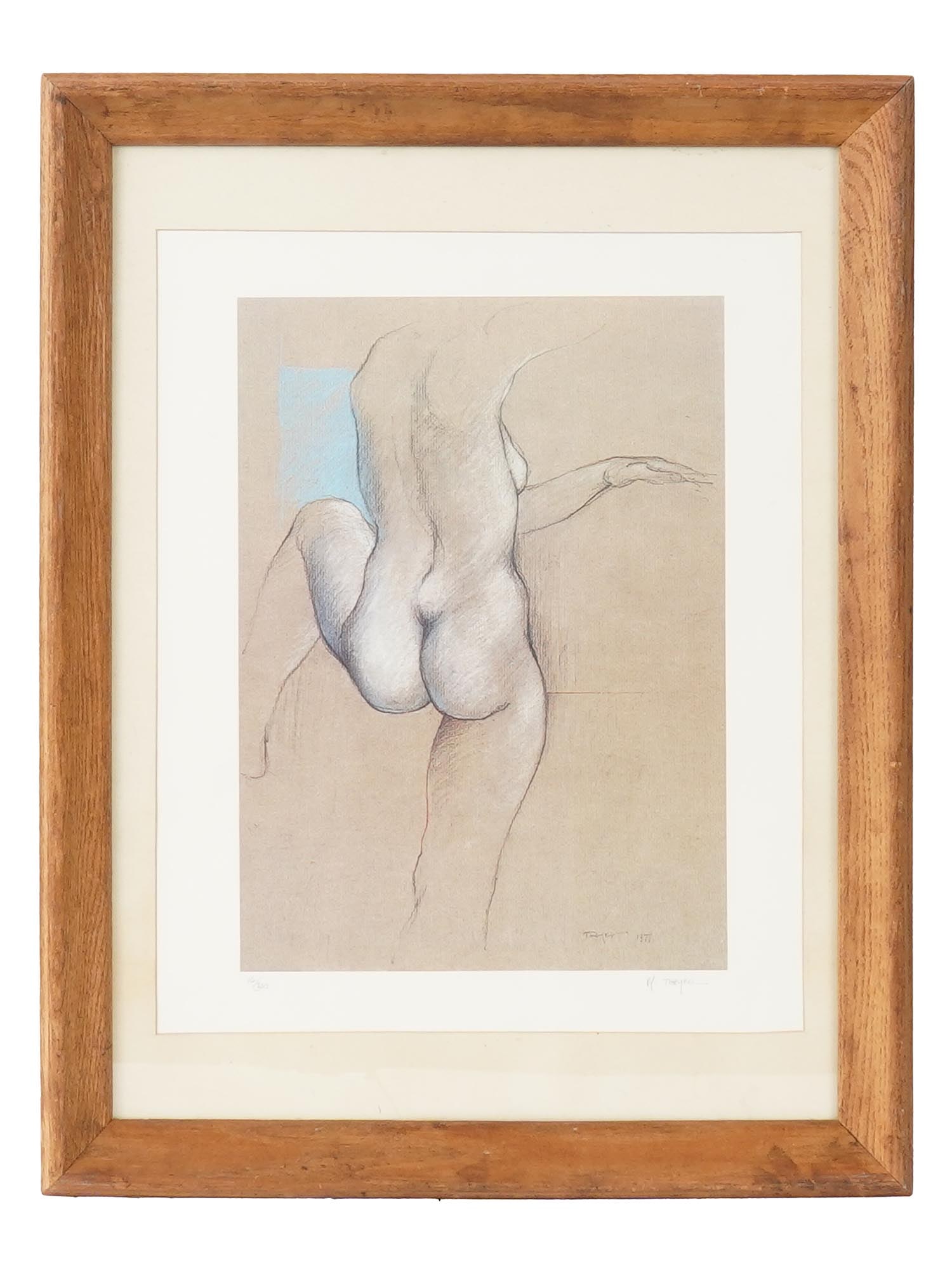 LTD AMERICAN NUDE LITHOGRAPH BY MEYER THAYER SIGNED: Hazel Monty Meyer Thayer, American, 1900 to 1979, an offset lithograph on paper depicting a female nude figure. Signed and dated 1977 in the print, lower right. Signed in pencil, lower right. Numbered