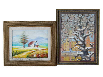 LOT OF TWO LANDSCAPE PAINTINGS ON BOARDS: A lot of two landscape paintings on boards. The first is depicting a single house in a landscape, framed. The second depicts a tree with colorful buildings in the background, signed A. Dubinsky lower