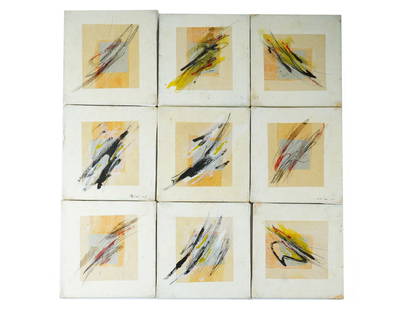 ITALIAN MIXED MEDIA PAINTINGS SIGNED 1991: A set of nine Italian mixed media paintings on canvas by the same artist, some works signed illegibly and dated 1991. Each piece offers a unique abstract composition while maintaining a unifying aesth