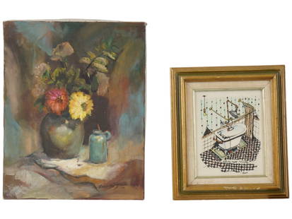 OIL PAINTING BY MAURICE J STEIN ENGRAVING BY BALDASARO: A lot of two vintage artworks: an oil on canvas painting by American artist Maurice Jay Stein, 1889 to 1972, and an engraving by Marguerite Baldasaro. The painting depicts a still life with flowers. S