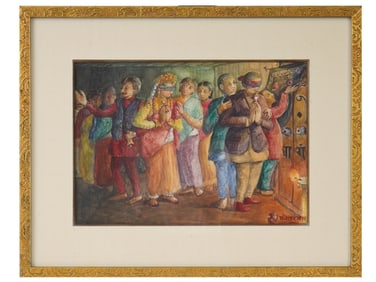 MID CENTURY INDIAN SCHOOL WATERCOLOR PAINTING SIGNED