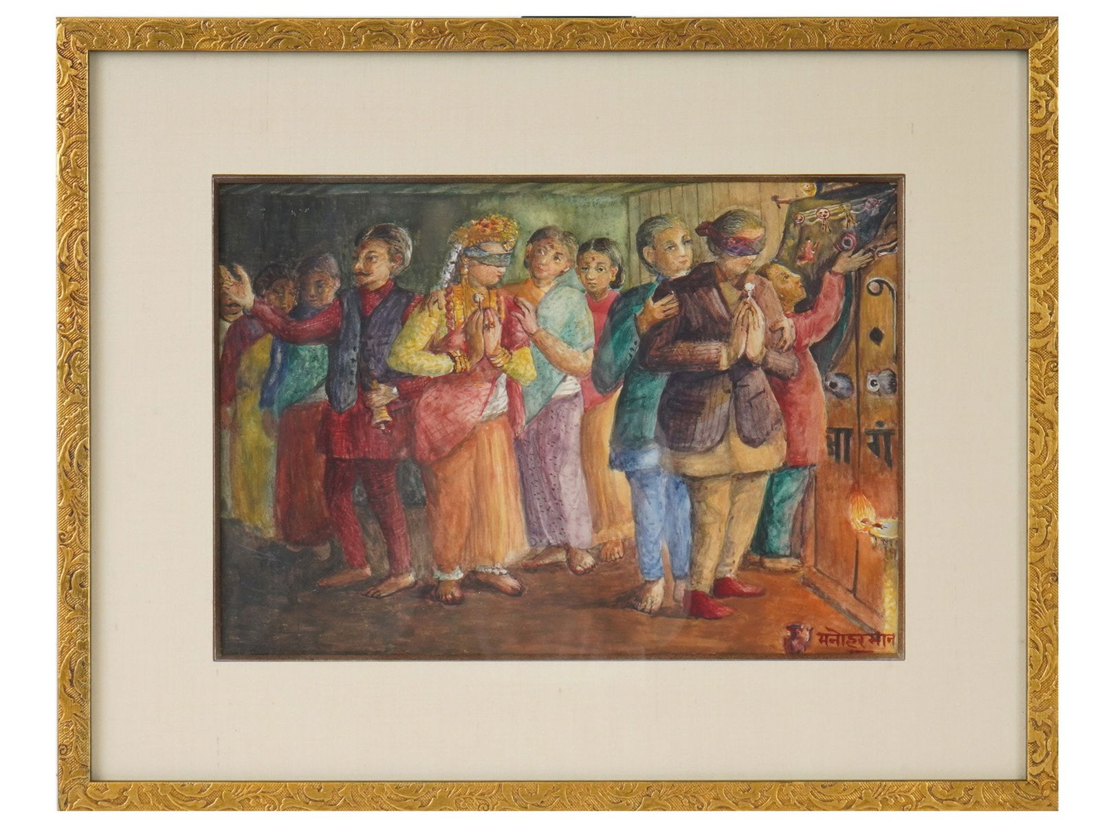 MID CENTURY INDIAN SCHOOL WATERCOLOR PAINTING SIGNED (1 of 4)