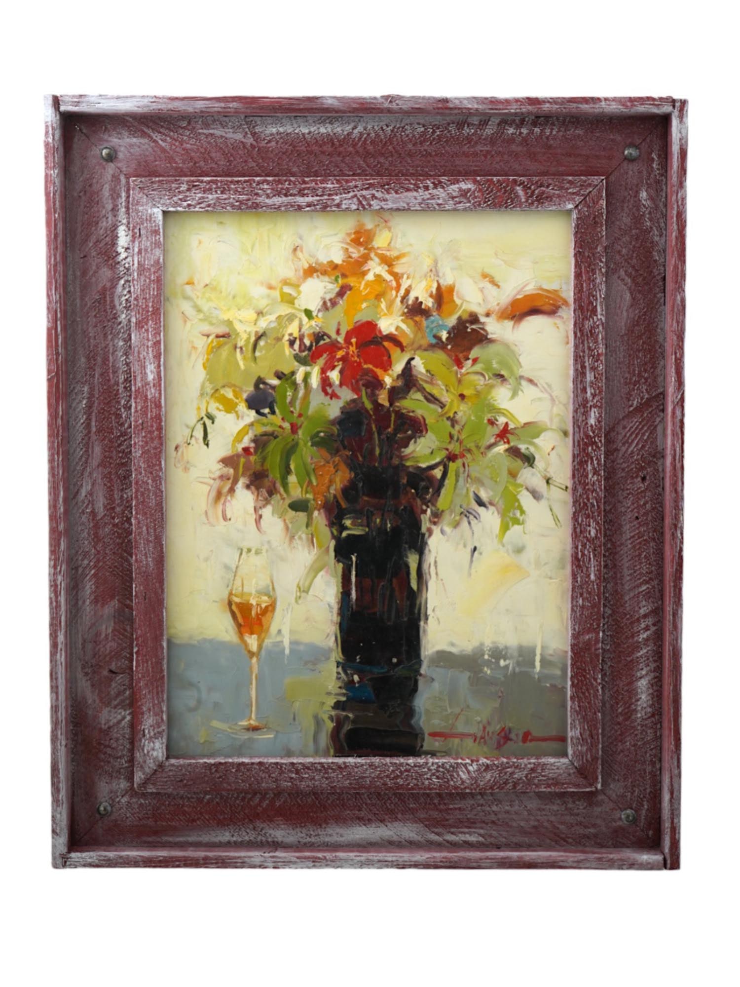 CONTEMPORARY STILL LIFE OIL PAINTING SIGNED BY ARTIST: A Contemporary oil painting on canvas depicting a still life with flowers and a wine glass in the Post Impressionist manner. Signed by the artist, Hanson, lower right. Circa: the second half of the 20