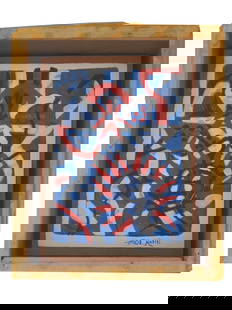 PAUL KOHN AMERICAN ABSTRACT ACRYLIC PAINTING: Acrylic on paper painting by Paul Kohn, a contemporary American artist and art director. The piece is a figurative abstraction in blue, red, and white colors. Signed by the artist in the lower right.
