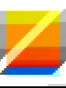 ANDREW ANDERSON CONTEMPORARY AMERICAN ABSTRACT PAINTING: Acrylic on lucite painting by Andrew Anderson, a contemporary American artist based in Texas who experiments with color field painting. This lot is a composition of yellow, orange, red, and blue strip
