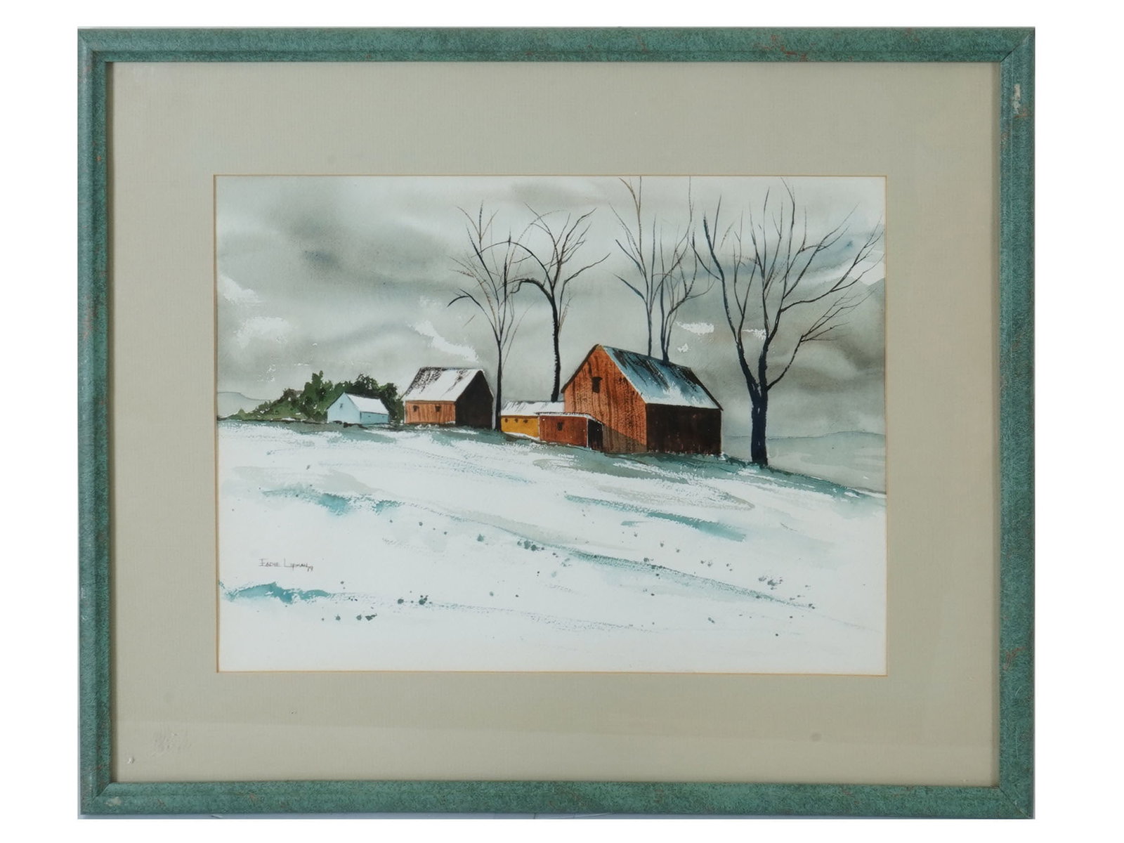 WINTER RURAL WATERCOLOR PAINTING SIGNED BY LIPMAN: A watercolor painting on paper depicting a rural winter landscape view, 1979. Signed by the artist, Fadie Lipman, and dated 79, lower left. Framed. Modernist and Contemporary Fine Art, Village Paintin