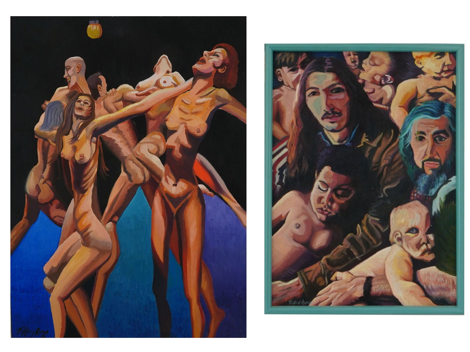 TWO CONTEMPORARY OIL PAINTINGS JILLANY ROSS FIGURES: Two contemporary oil paintings on canvas. One painting shows a dance of nude figures, the other portrays two people surrounded by children. Signed Jillany Ross and dated. Modern Paintings And Art Coll