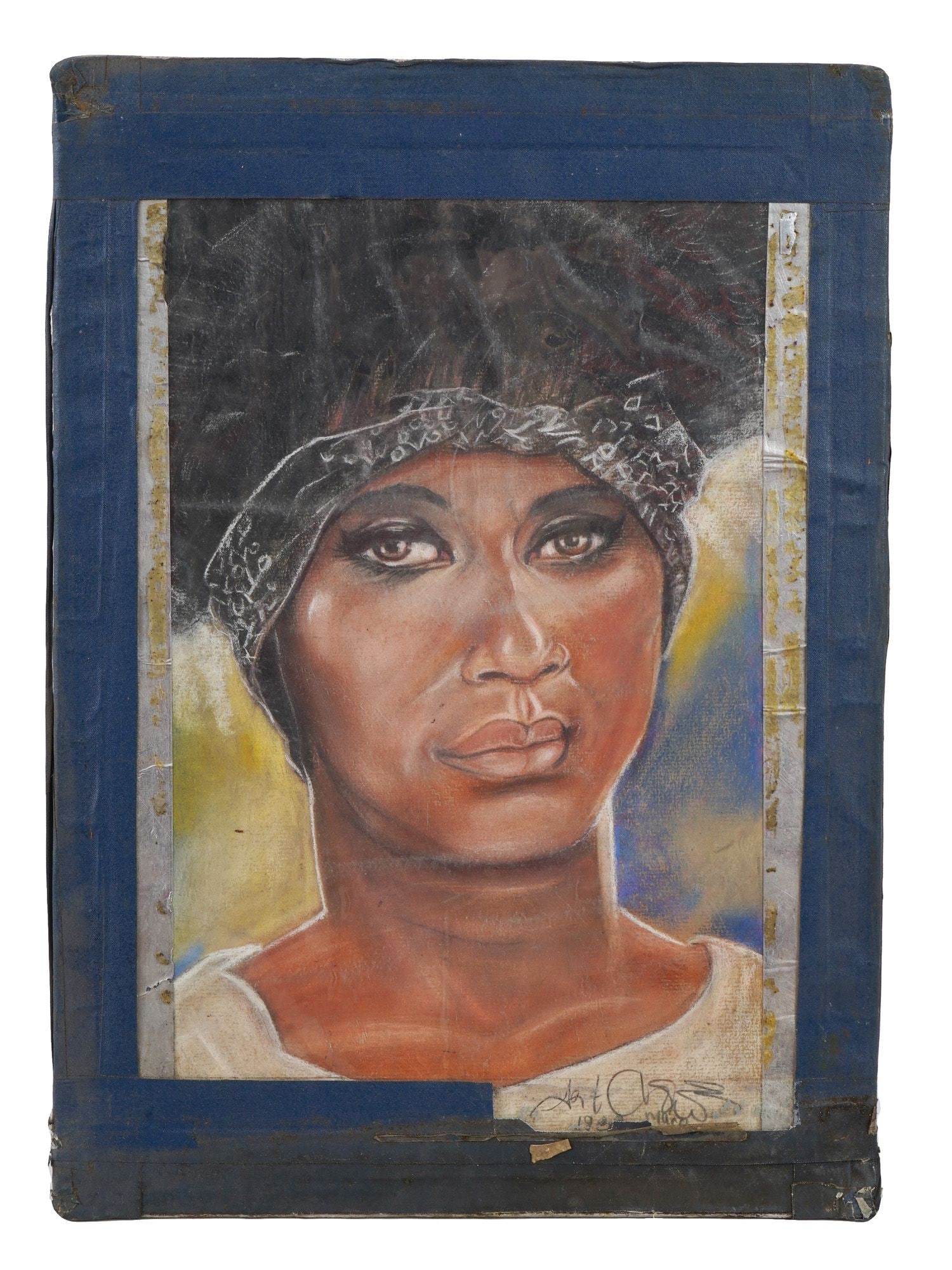 MID CENT AMERICAN FEMALE PORTRAIT PASTEL PAINTING: Pastel on paper painting. American, mid-20th century. The artwork represents a portrait of a Black woman. Illegibly signed by the artist and dated 1960s in the lower right. Price list for street caric