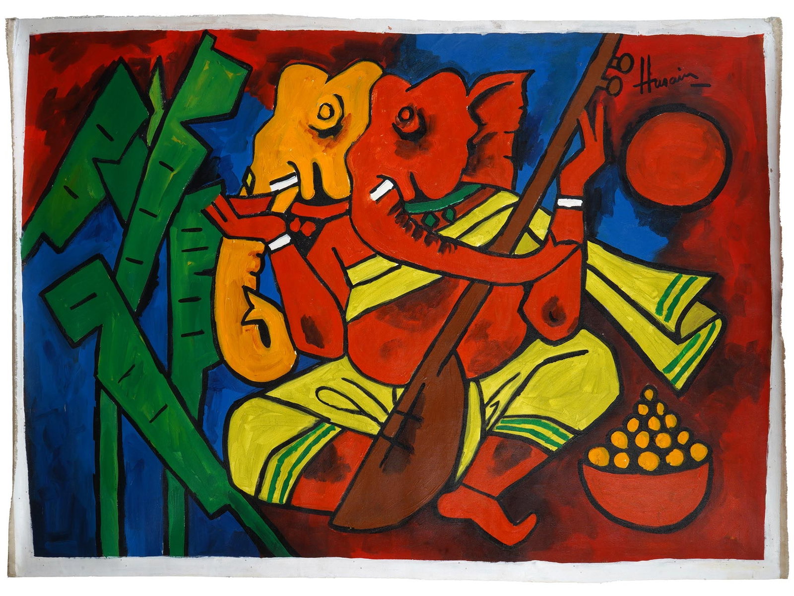 MF HUSAIN INDIAN OIL PAINTING ELEPHANTS WITH COA (1 of 7)