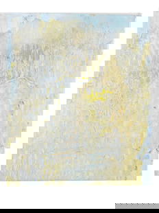 MID CENTURY AMERICAN ABSTRACT ACRYLIC PAINTING: Acrylic on canvas painting. American, mid-20th century. Abstract composition in grey, blue, and yellow colors. Impasto technique. Unsigned. Collectible Modernist Fine Art And Wall Decor For Interior D