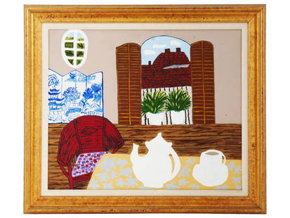 OIL ON CANVAS FOLK PAINTING SIGNED BY ALICE LYON: Alice Lyon, a primitive folk style oil on canvas painting depicting an interior scene, 1978. Signed by the artist and dated on the backside. Framed. One of a kind artwork. Genre Paintings, Modernist F