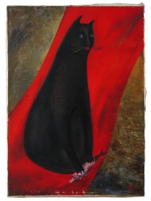 1987 UKRAINIAN PAINTING CAT AND FISH TATYANA LYSENKO